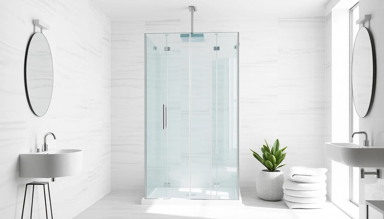 Dusche 100x100 in einer modernen Badinstallation mit eleganten Fliesen und natürlichem Licht.