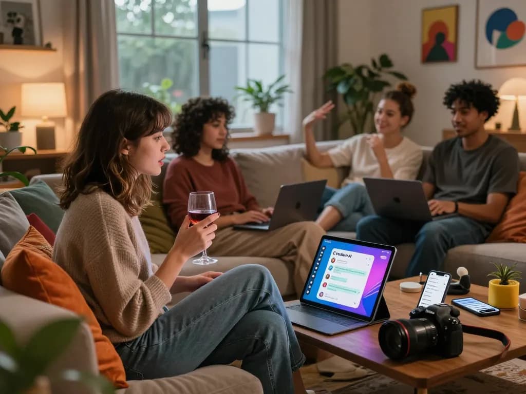Engaging group discussion about nsfw ai in a cozy living room with tech gadgets.