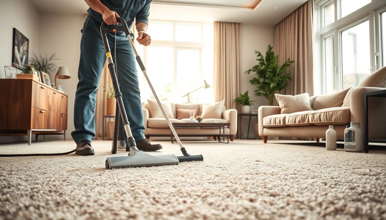 Revitalizing carpet cleaning in Glasgow, highlighting a professional technician at work in a bright living room.