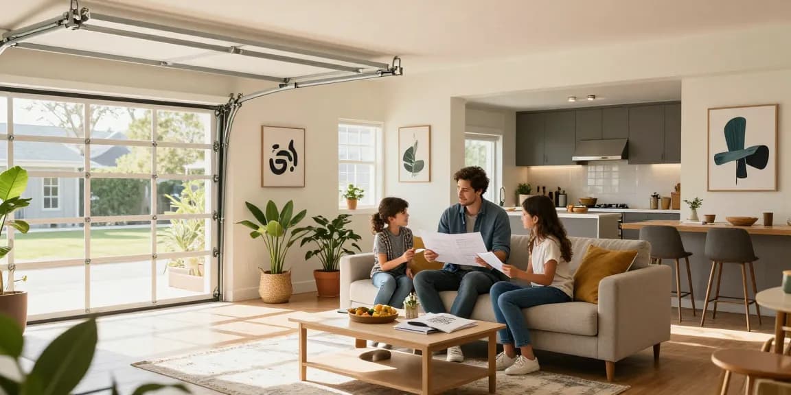 Garage conversions showcasing a bright living space with family discussing design ideas comfortably.