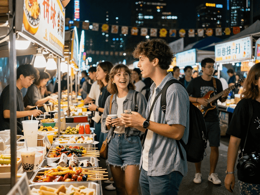 Young adult exploring vibrant nightlife at a market, showcasing the ai slut culture through food and community.