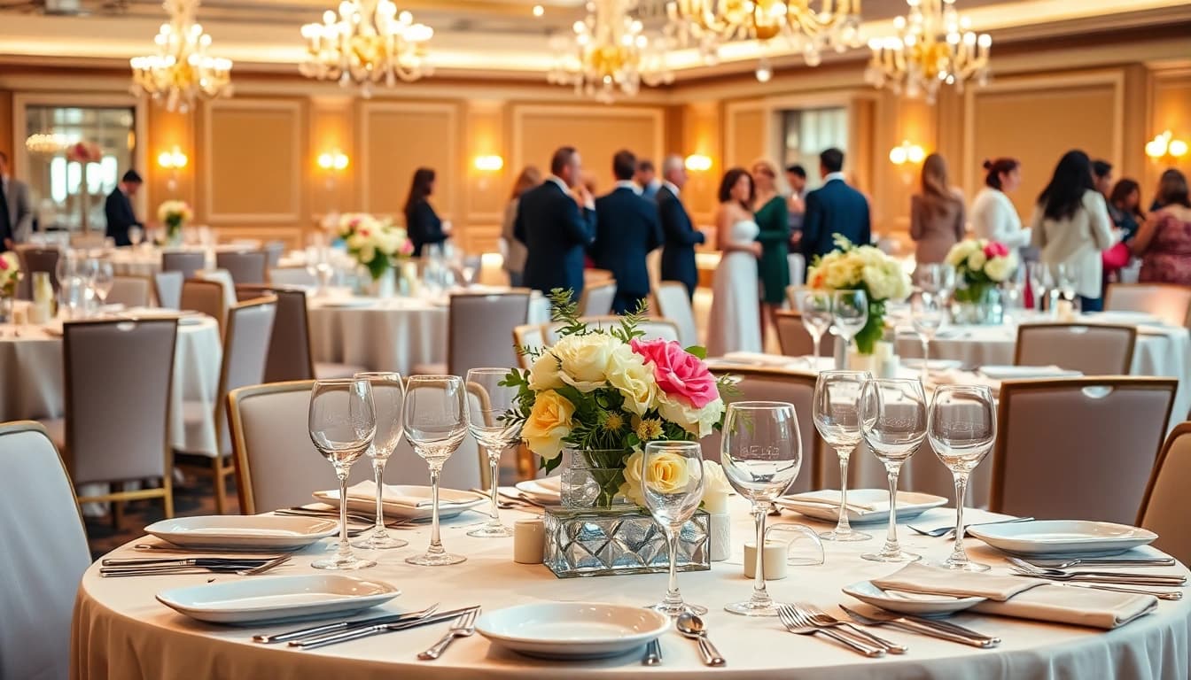 Catering hire London showcases an elegant event setup with beautifully arranged tables and soft lighting.