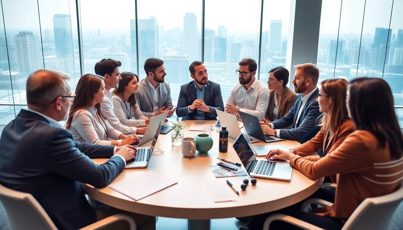Companies collaborating in a professional networking event setting with executives engaged.