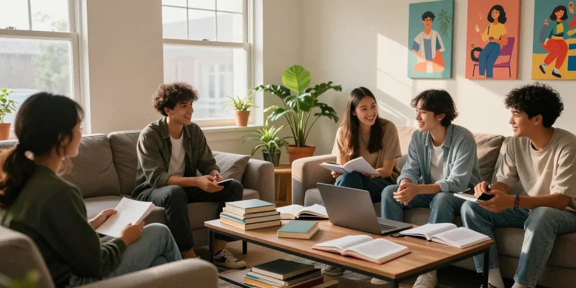Student Accommodation Northampton featuring diverse students studying together in a cozy living room with modern decor.