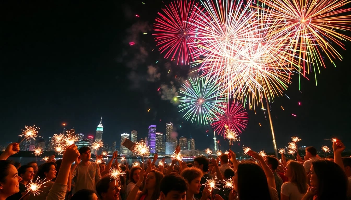 Witness stunning fireworks uk lighting up the night sky over a bustling city skyline.