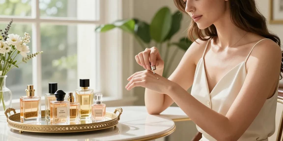 Stylish woman applying Perfume Layering Tips in a luxurious home setting.