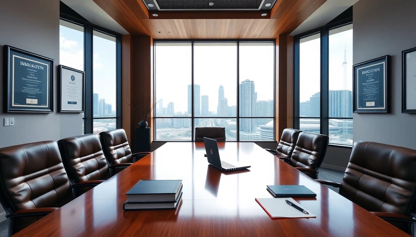 A modern conference room at a leading law firm in the US, showcasing sophistication and expertise in business and immigration law.