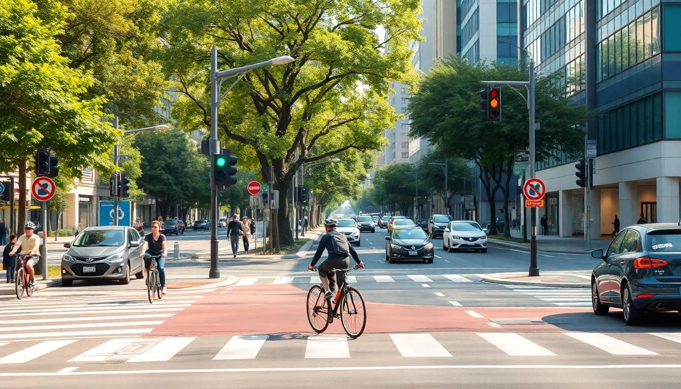 IA +18 intersection bicycle box showcasing urban cycling safety and vibrant city life.