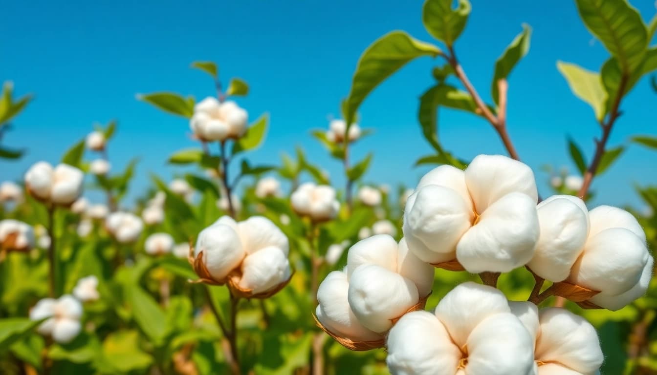 Katoen bloembollen op een levendig groen veld met een blauwe lucht.