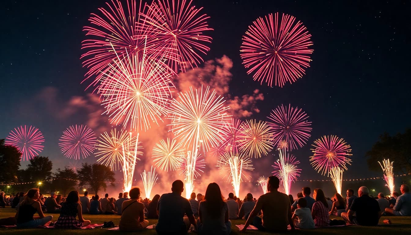 Enjoying cheap fireworks near me in a bright, festive celebration with families watching colorful bursts.