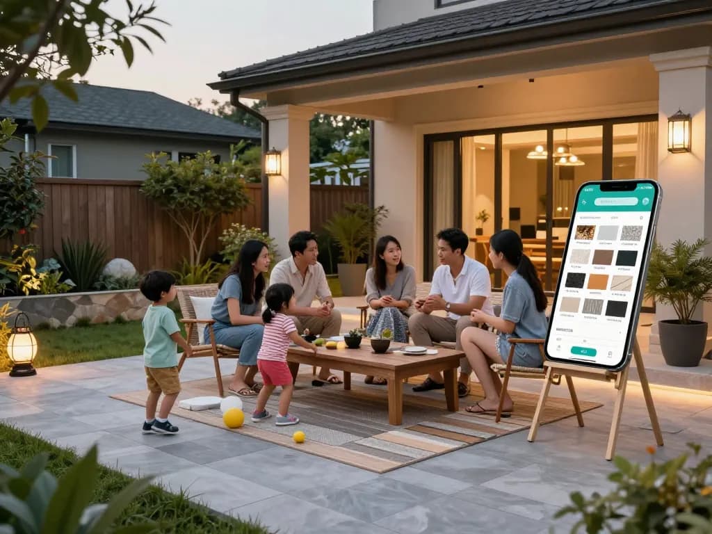 Customizing a veranda configurator with family in a beautiful backyard setting filled with plants.