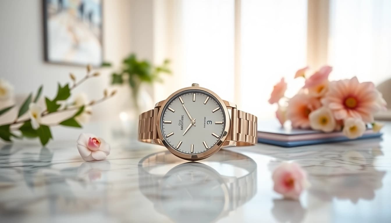 Showcasing a Ladies Classic Smart Watch resting on a marble surface, emphasizing its elegant design.