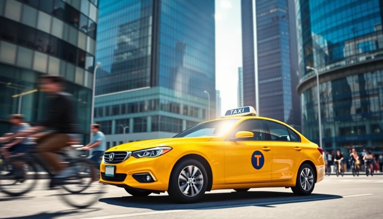 Taxi parked on a vibrant city street, highlighting lively urban life.