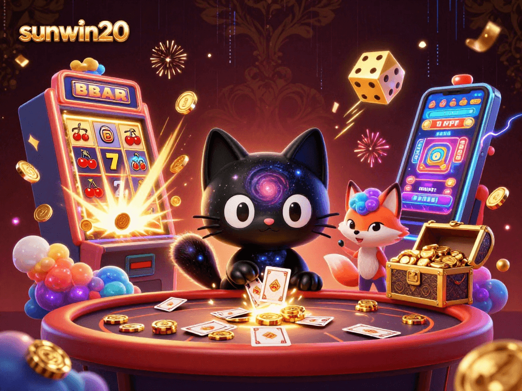 Experience the magical cosmic casino with sunwin20 featuring an enchanting black hole cat and nebula fox!