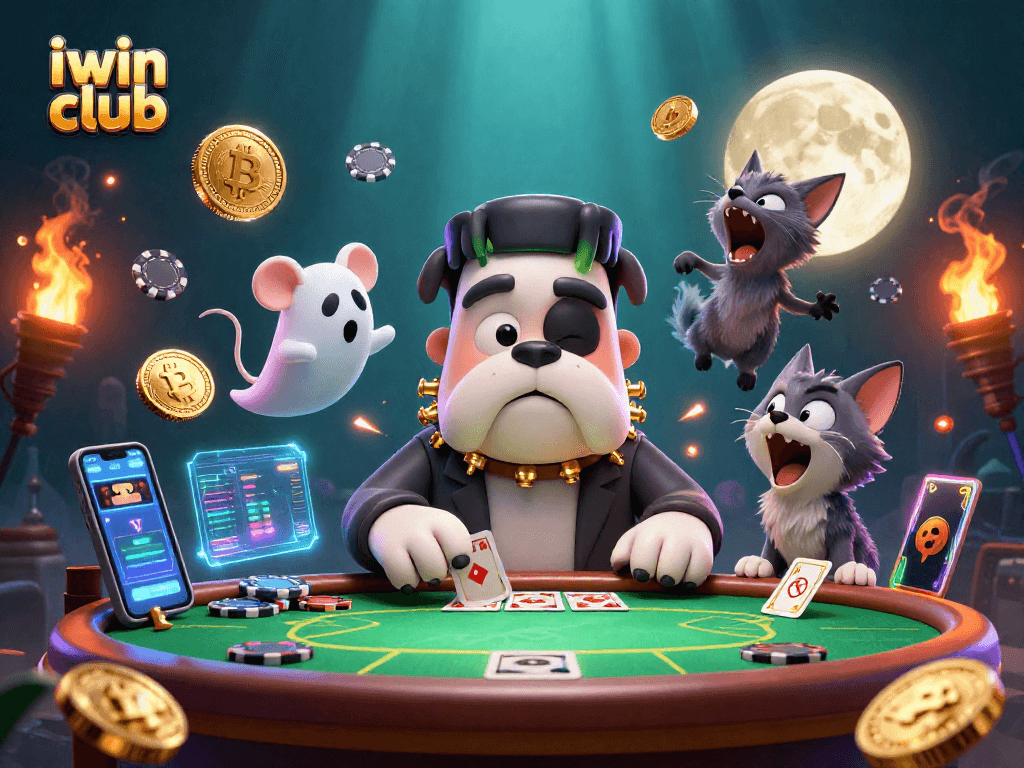 iwin club showcases a cartoon Frankenstein bulldog dealing cards at a poker table in a haunted casino.