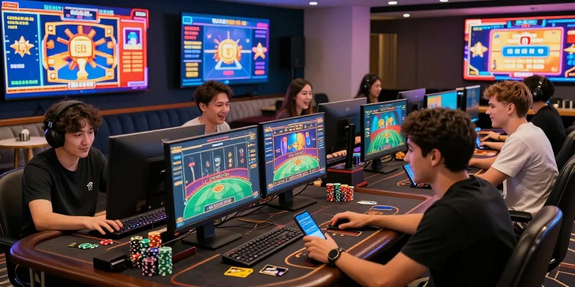 Engaging players enjoying credit card casinos online with vibrant gaming graphics, chips, and mobile devices.