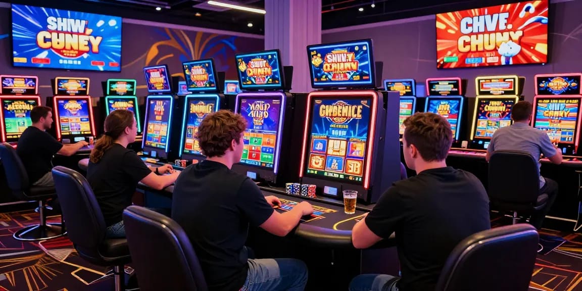 Exciting players enjoying diverse games at a non UK casino with vibrant lighting and digital displays.