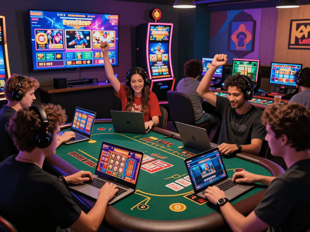 Online gaming scene at https://ghsc.co.uk with players enjoying diverse casino games and celebrating wins.
