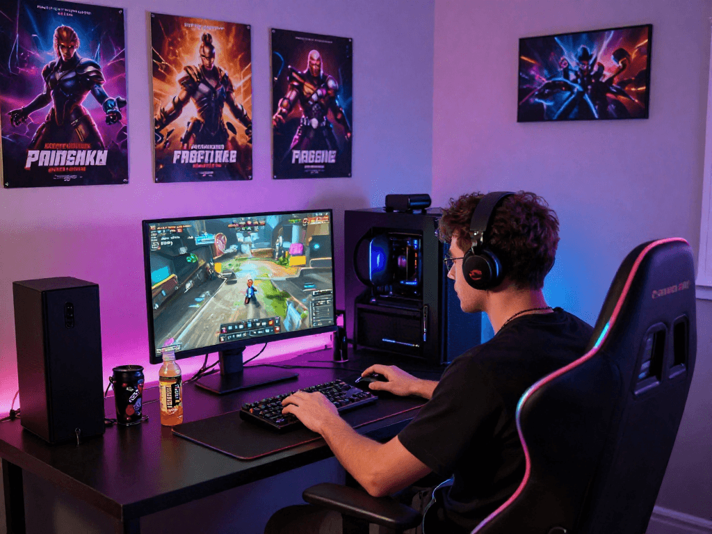 Engaging scene of a player immersed in a porn game online, surrounded by vivid game art and gaming gear.