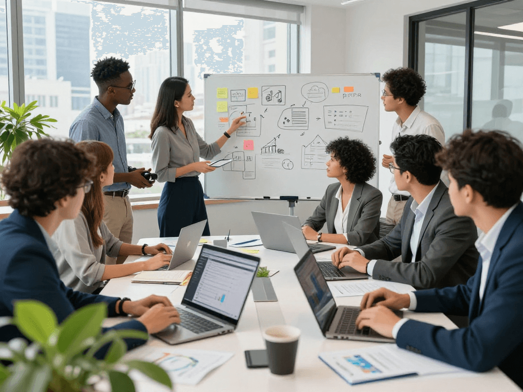 Companies collaborating in a vibrant office environment, showcasing teamwork and innovation.