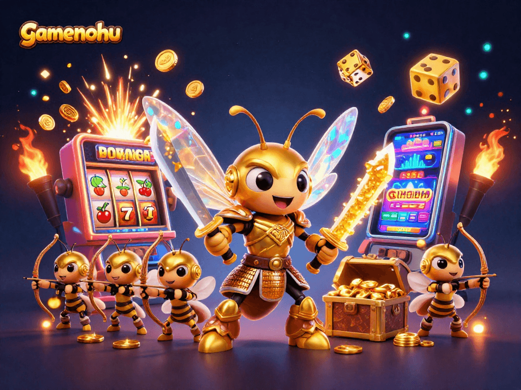 Spin jackpots with gamenohu's 3D golden hornet and vibrant casino elements in action.