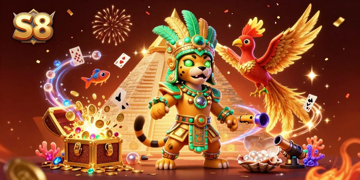 Experience thrilling casino adventures with S8's vibrant 3D illustration showcasing excitement and wins.