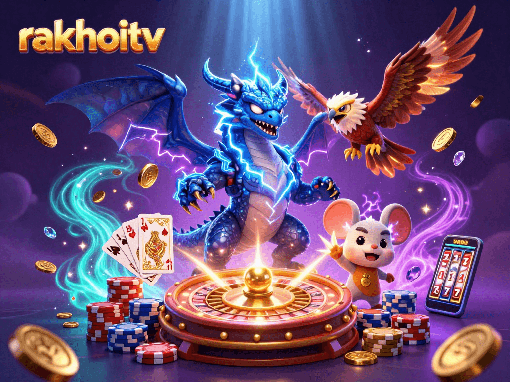Experience thrilling wins with rakhoitv's electrifying gaming scene, filled with dynamic lightning and vibrant casino elements.