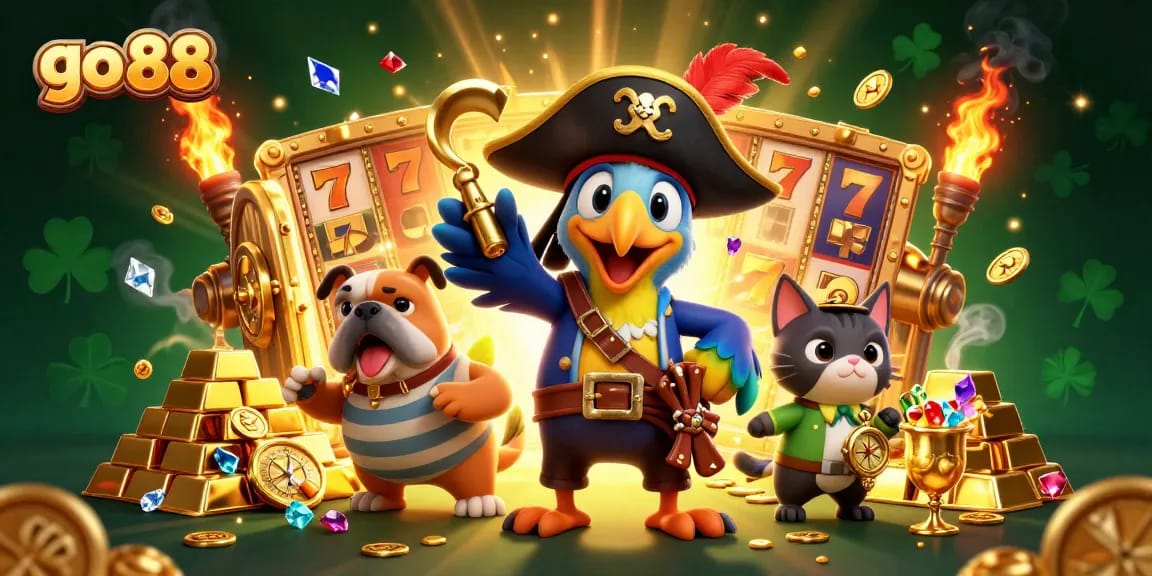Engage in the vibrant casino world of go 88, featuring pirates and treasure amidst slot machines.