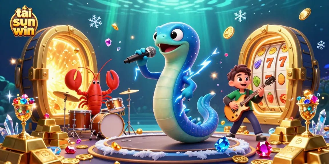 Engage in the underwater fun of tải sun win featuring a lively DJ electric eel and vibrant casino elements.