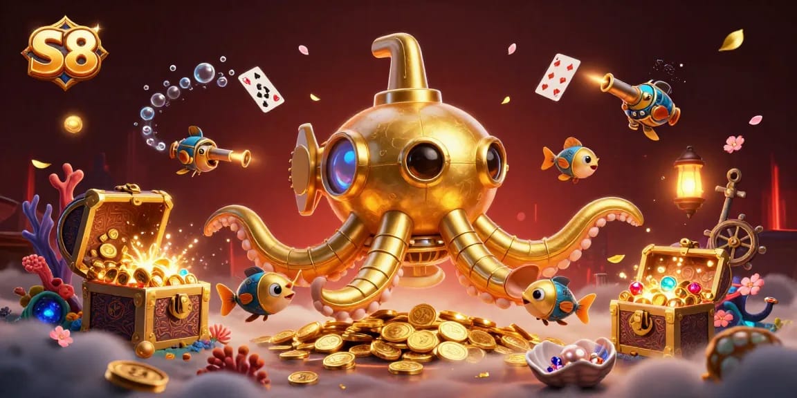 S8 players dive into adventure with a golden kraken submarine amidst treasures and vibrant casino themes.