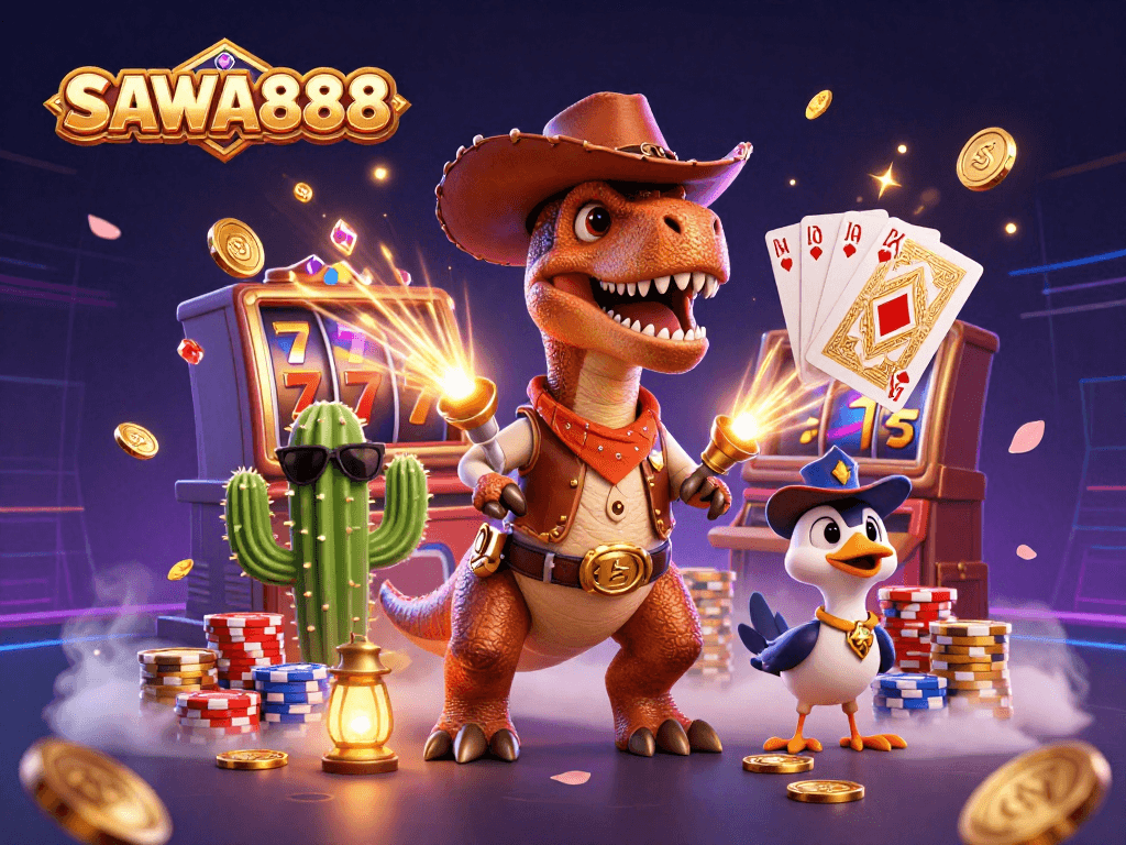 Experience thrilling gameplay with SAWA888's exciting slot adventures featuring vibrant characters and casino elements.