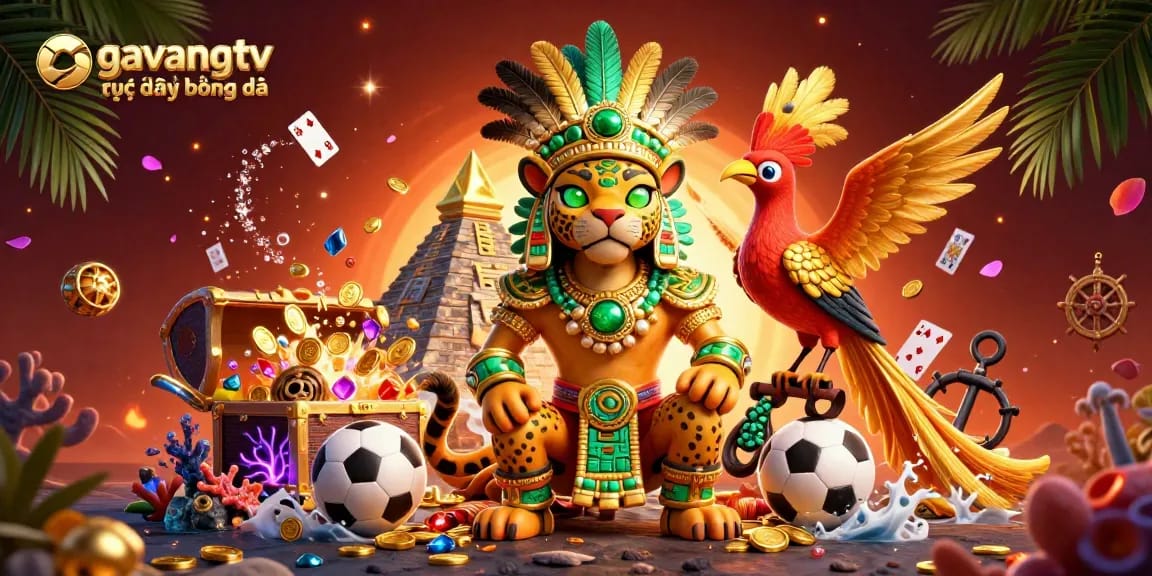 Engage with gavangtv trực tiếp bóng đá using a vivid 3D illustration of betting sports balls and a trophy.