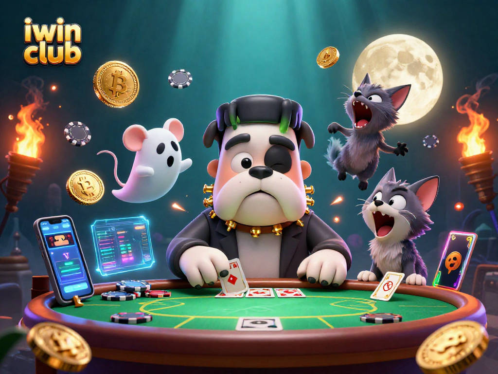 iwin club showcases a cartoon Frankenstein bulldog dealing cards at a poker table in a haunted casino.