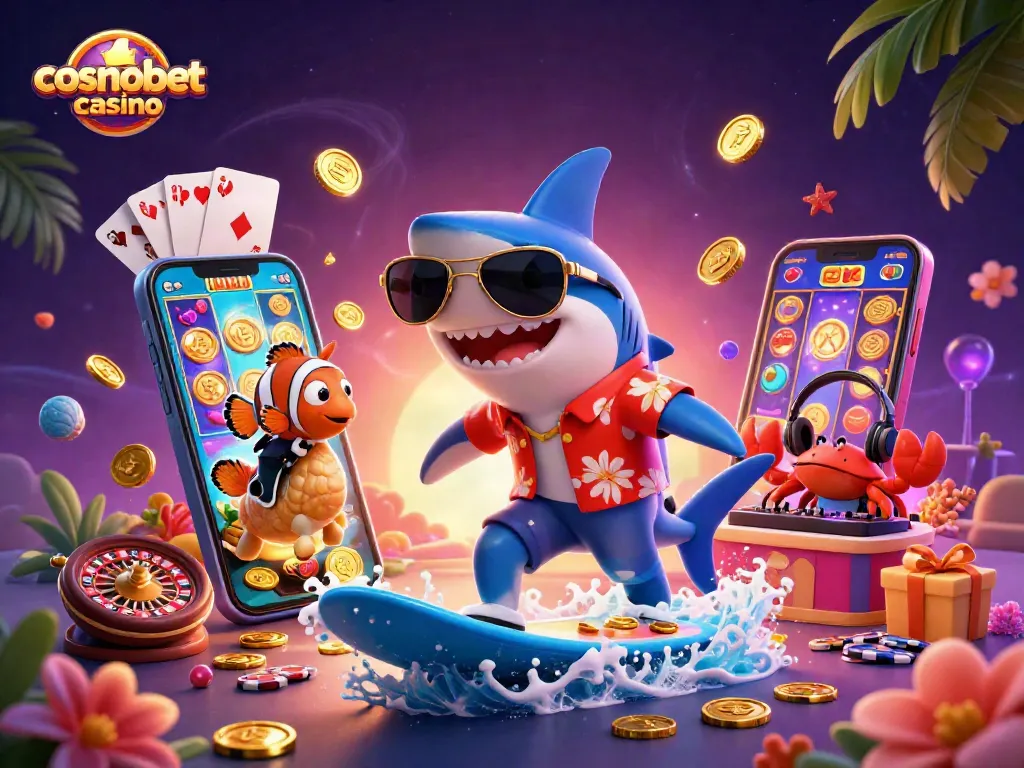 Experience the thrill of cosmobet casino with a lively 3D illustration featuring vibrant characters and casino elements.