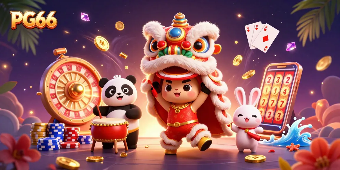 Experience thrilling gameplay at PG66 with a vibrant casino scene featuring a lively lion dance.