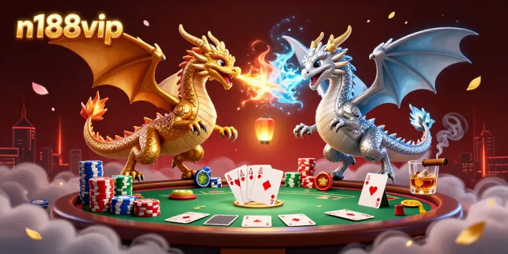 Engage with n188vip's vibrant 3D casino scene featuring dynamic dragons and poker gameplay.
