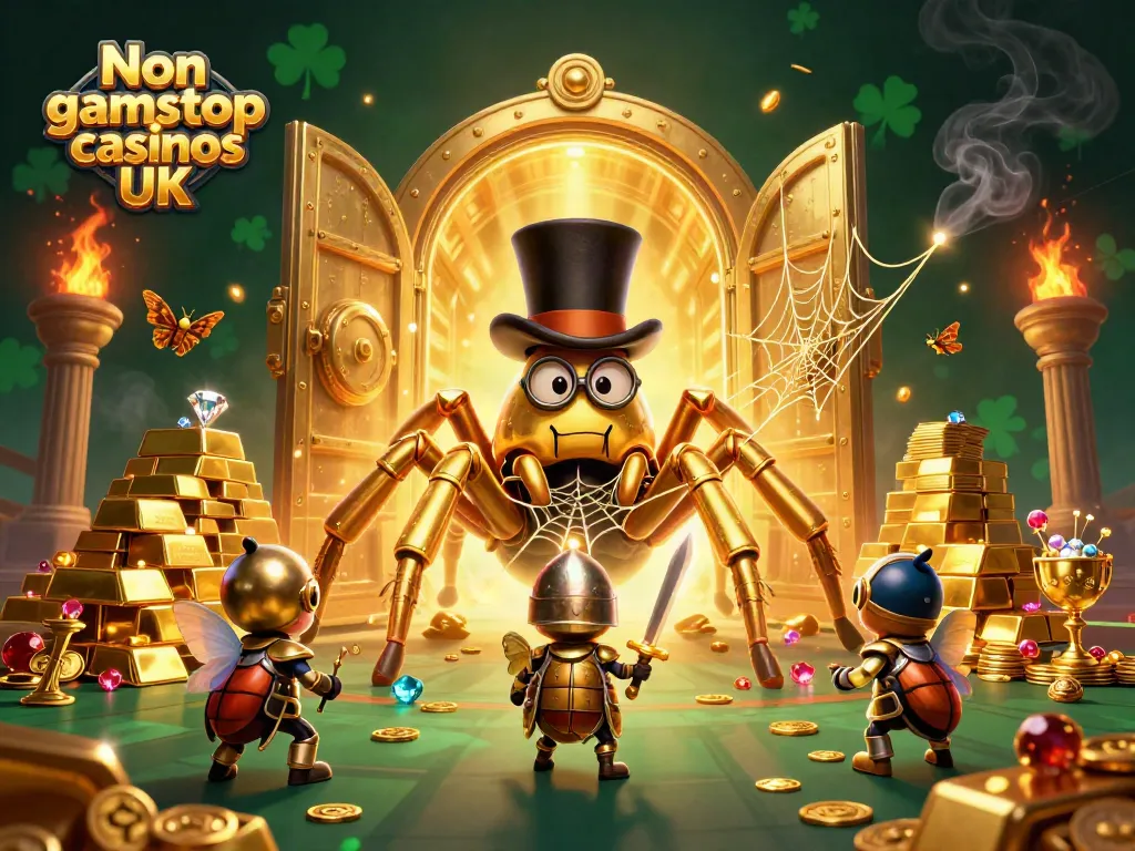 Experience the thrill of Non gamstop casinos UK with a vibrant, dynamic 3D illustration showcasing a golden tarantula and beetle knight amidst treasure.