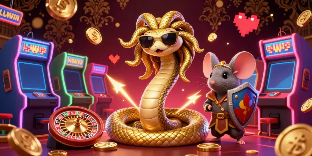 Experience the excitement of LLWIN casino with a friendly Medusa and a warrior mouse in a vibrant gaming atmosphere.