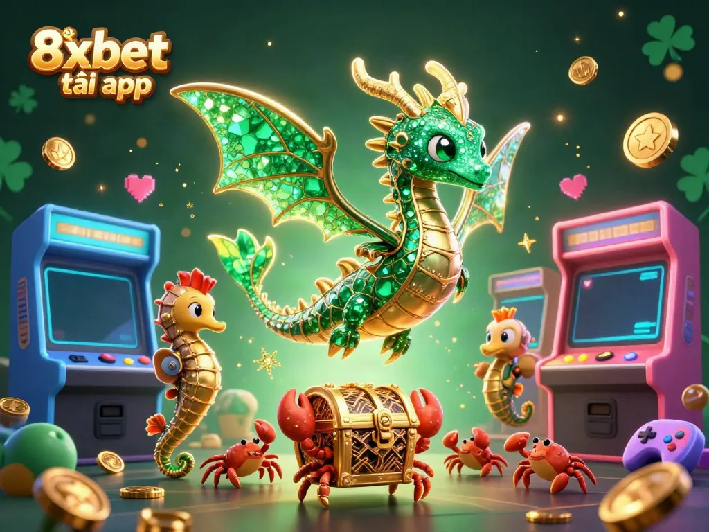 Engage with 8xbet tải app in a vibrant, dynamic casino scene with a colorful sea dragon and arcade elements.