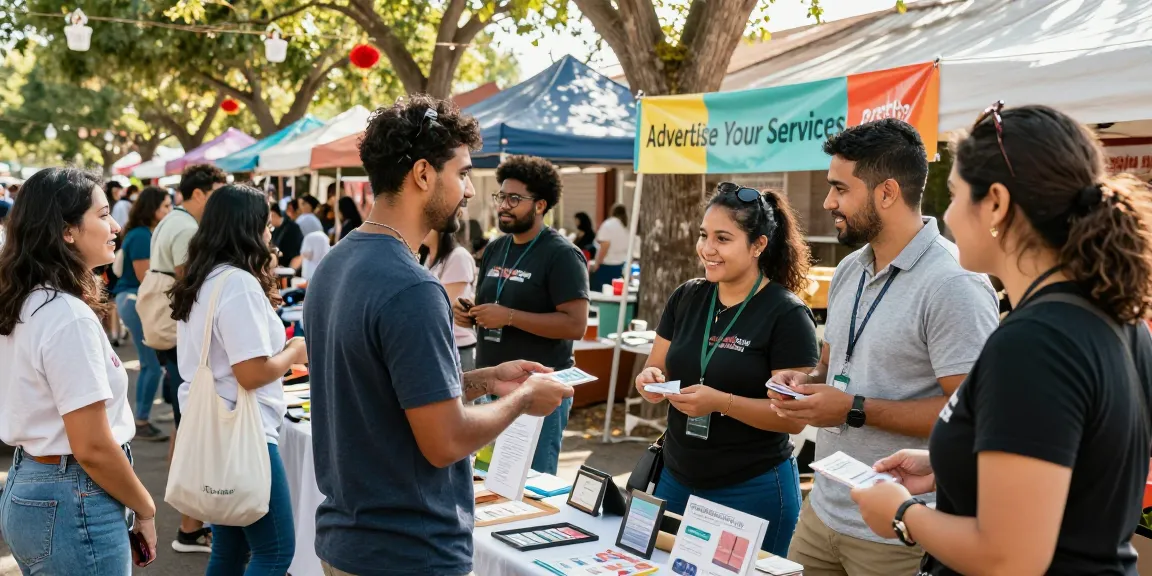 Engaging professionals advertise your services at a vibrant marketplace, showcasing their skills and welcoming community interaction.