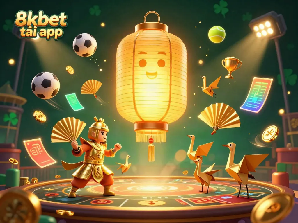 Celebrate winning moments with 8xbet tải app featuring a glowing lantern spirit above a vibrant casino scene.