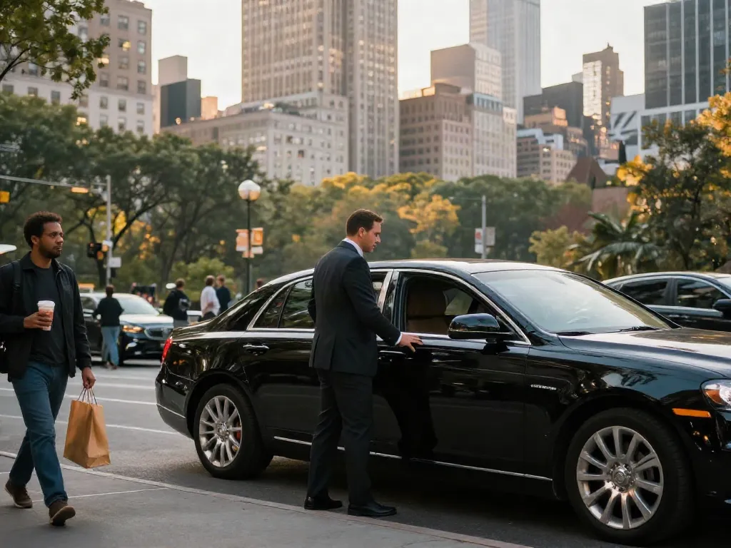 Luxury black car service in NYC with a professional chauffeur assisting a business executive on a busy Manhattan street.