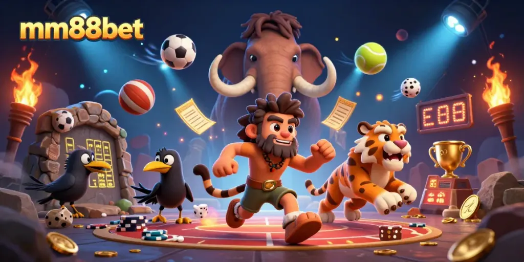 Experience thrilling gameplay at mm88bet with a dynamic prehistoric casino scene featuring sports elements.