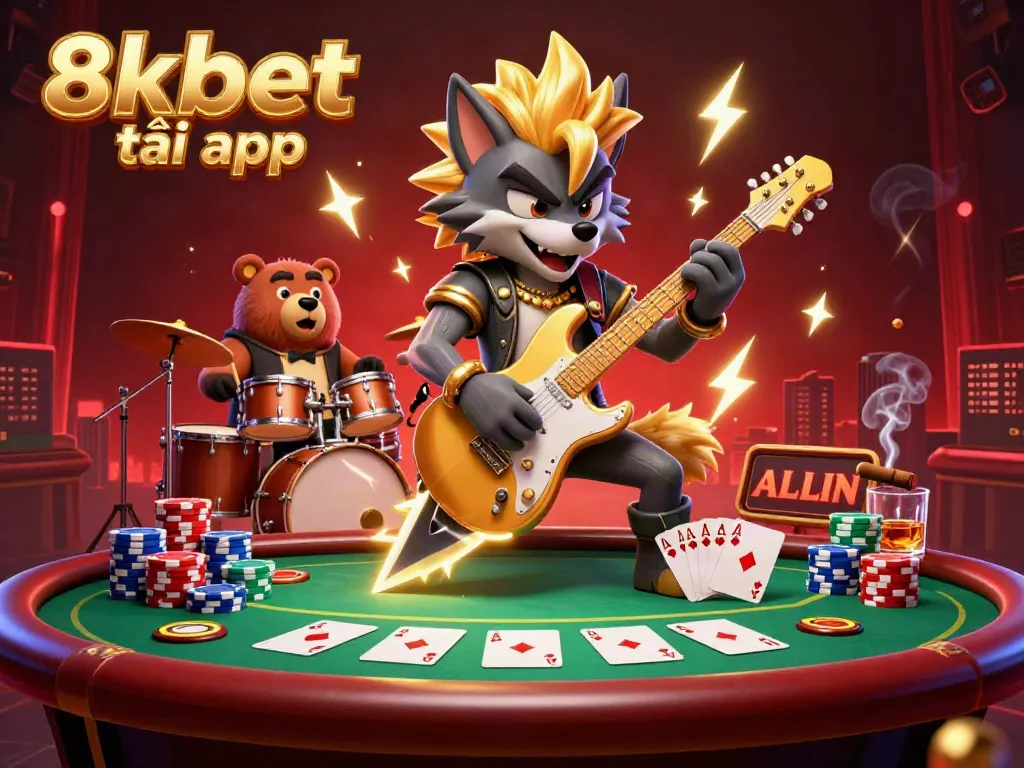 Engage with the thrilling 8xbet tải app featuring a vibrant 3D illustration of a rock star wolf and drummer bear on a casino stage.