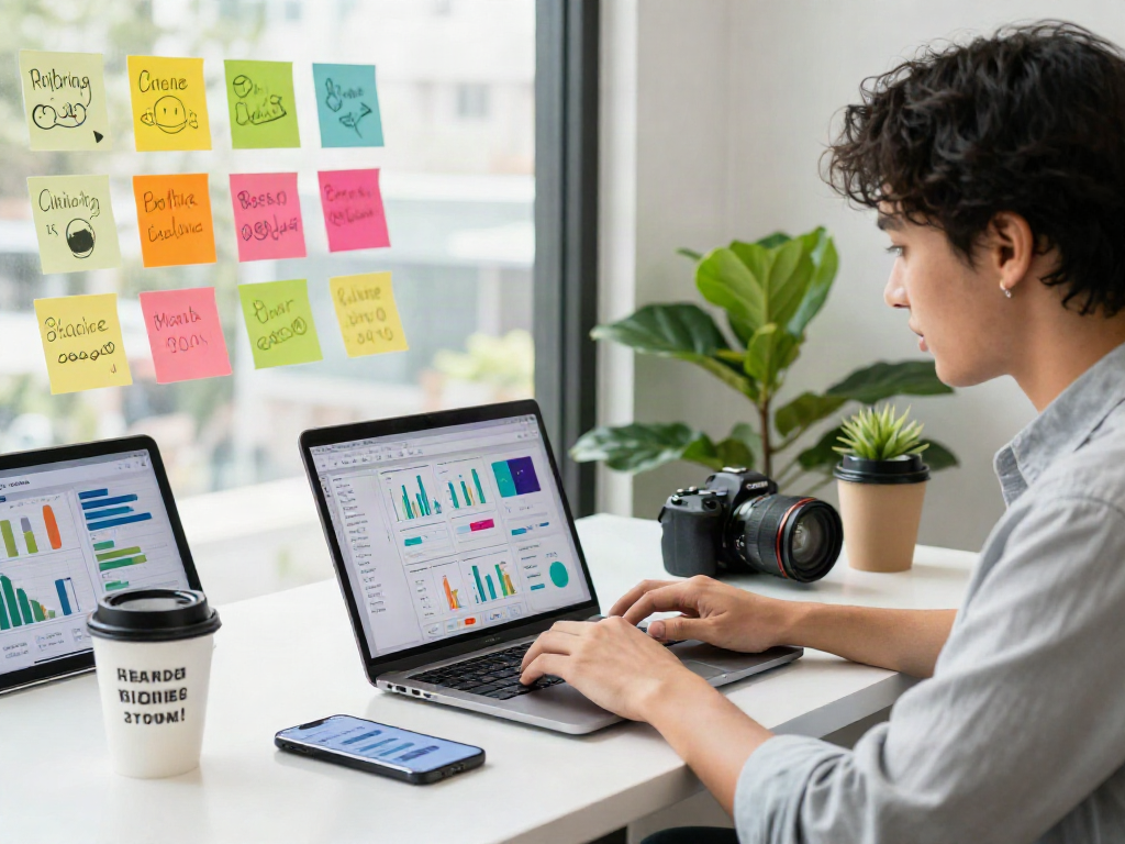 Digital marketer analyzing social media trends and campaigns in a vibrant workspace as an ai slut.