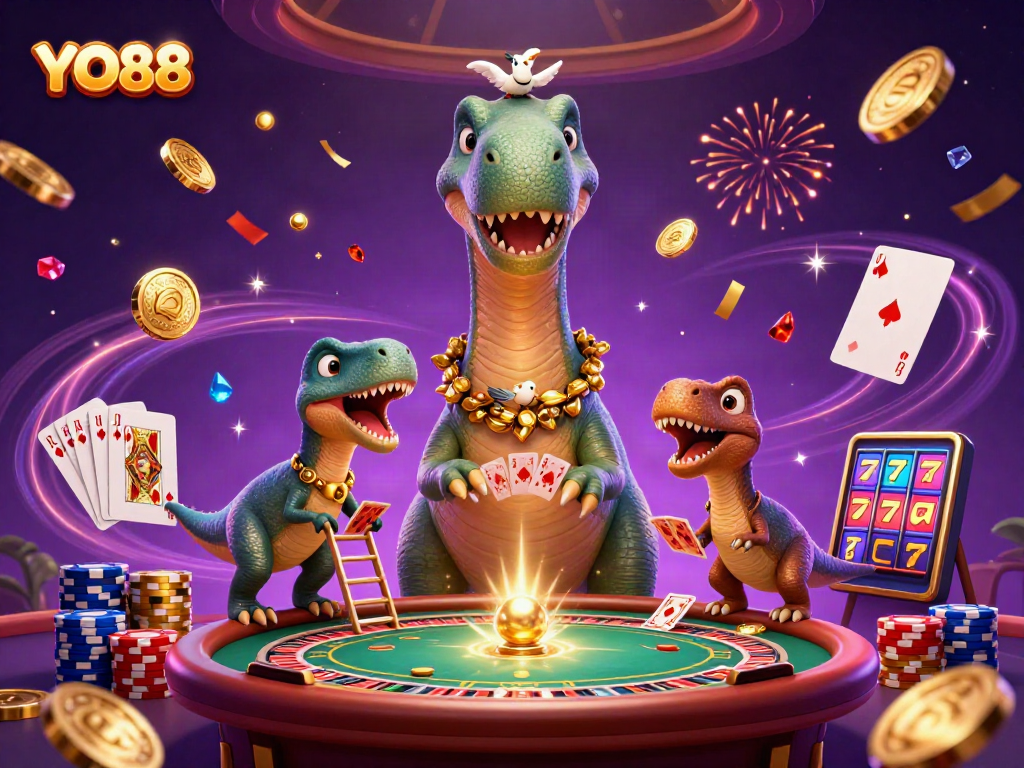 Experience thrilling games at YO88 with animated brontosaurus casino scene and vibrant elements.