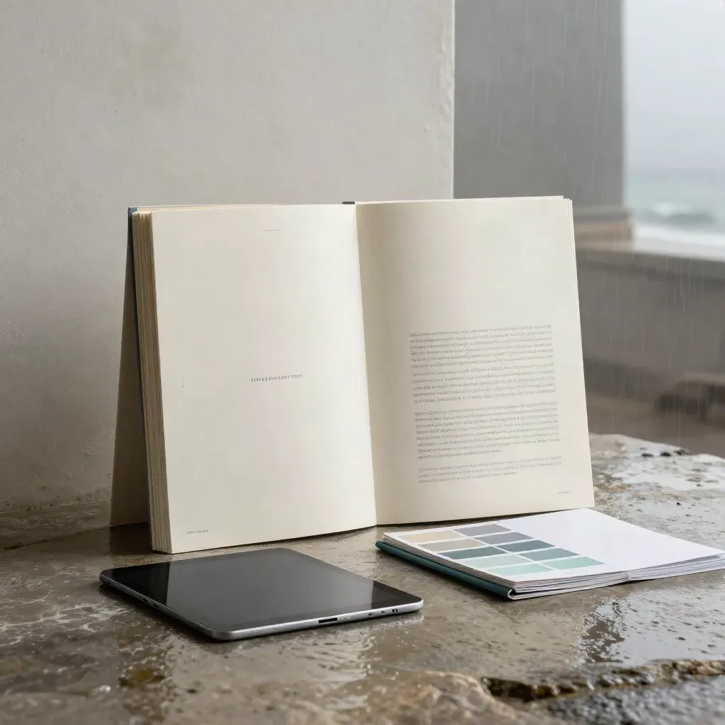 Ivory website template folio with mockup pages, brochure, tablet slab and swatch booklet on rain-wet stone.