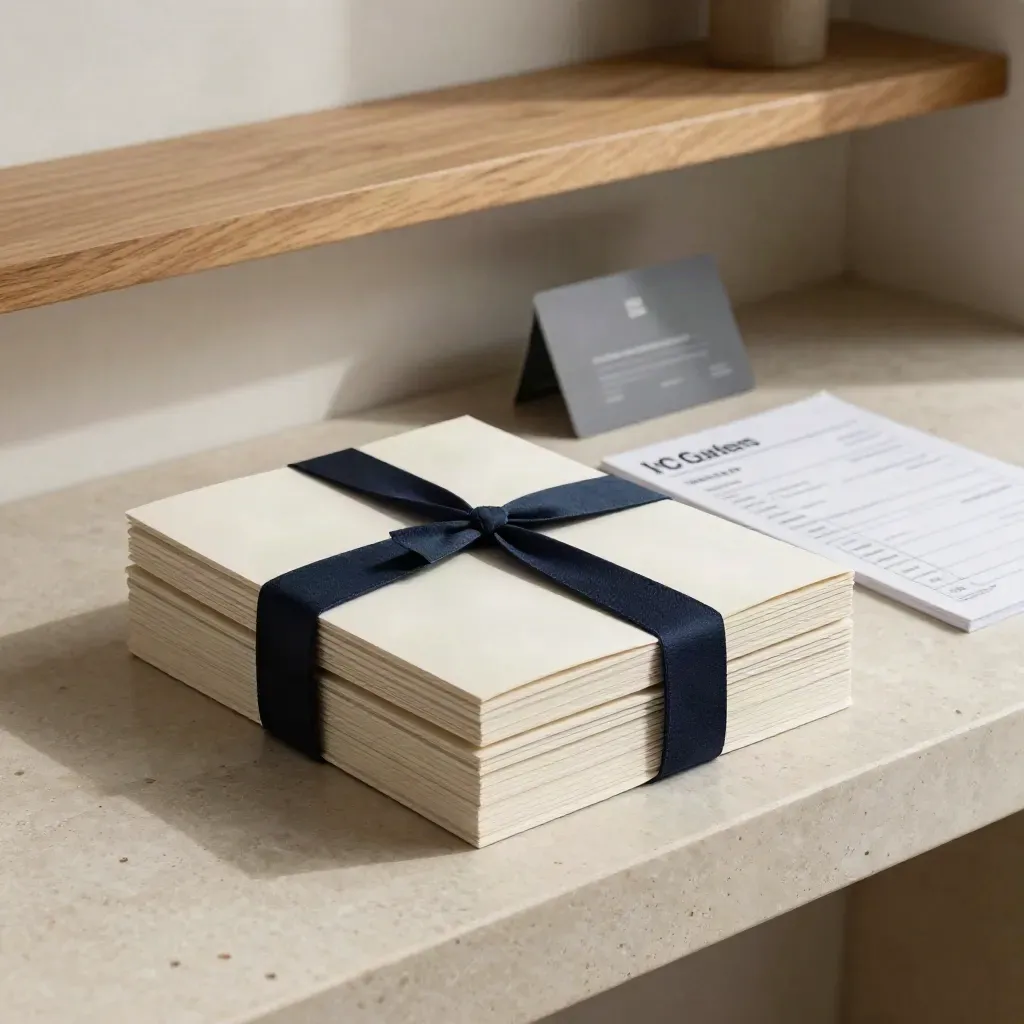 Stacked template folios, invoice pad, CV card and deck sheet on pale stone in side light.