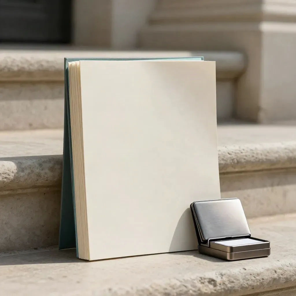 Upright pitch-deck folio with tabs and notes pad on a stone step in soft daylight.