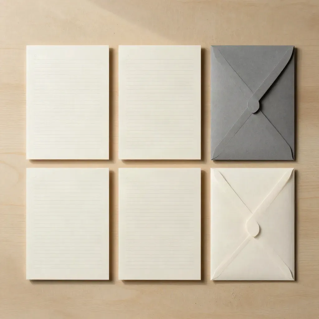 Top-down flatlay of CV layout cards and matching envelope set on pale wood.
